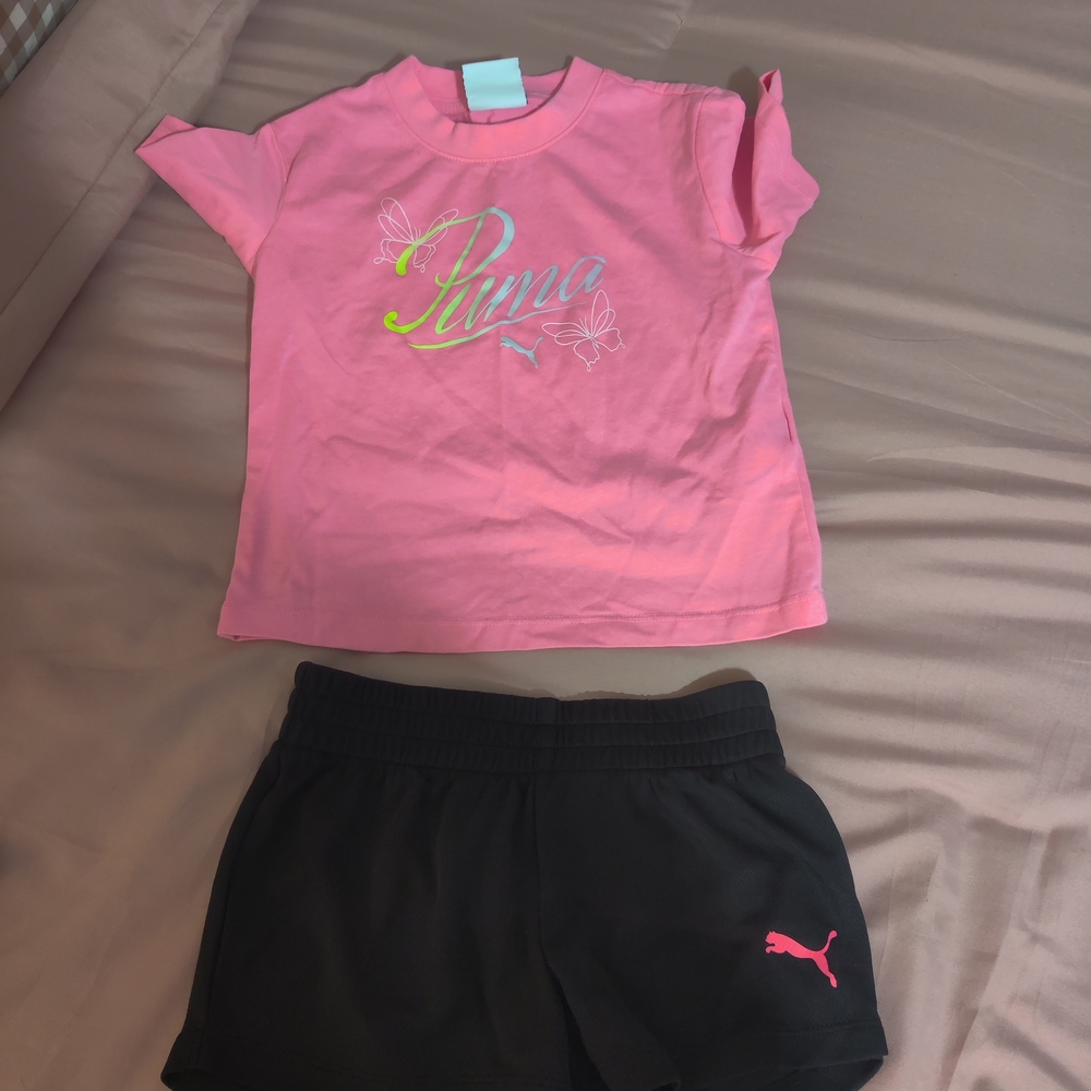 Puma Pink Short Sleeve Top with Black Logo Shorts Set